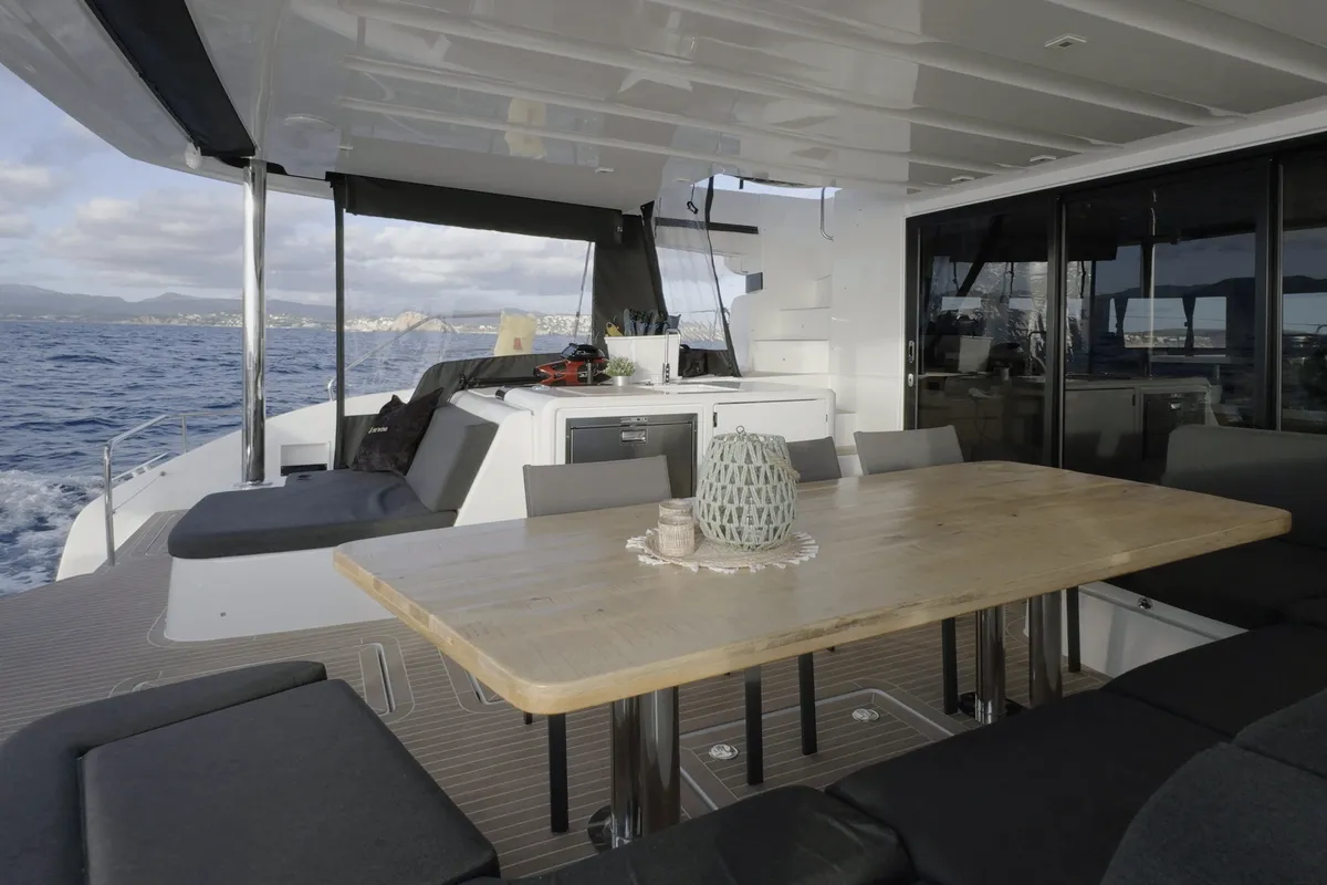 Deck of TriWing Carida, a Lagoon 55 catamaran at Grad Kaštela, Croatia