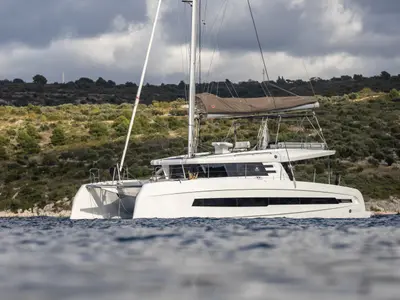 Salon of Dudu, a Cervetti 44 catamaran at Rodi Garganico, Italy