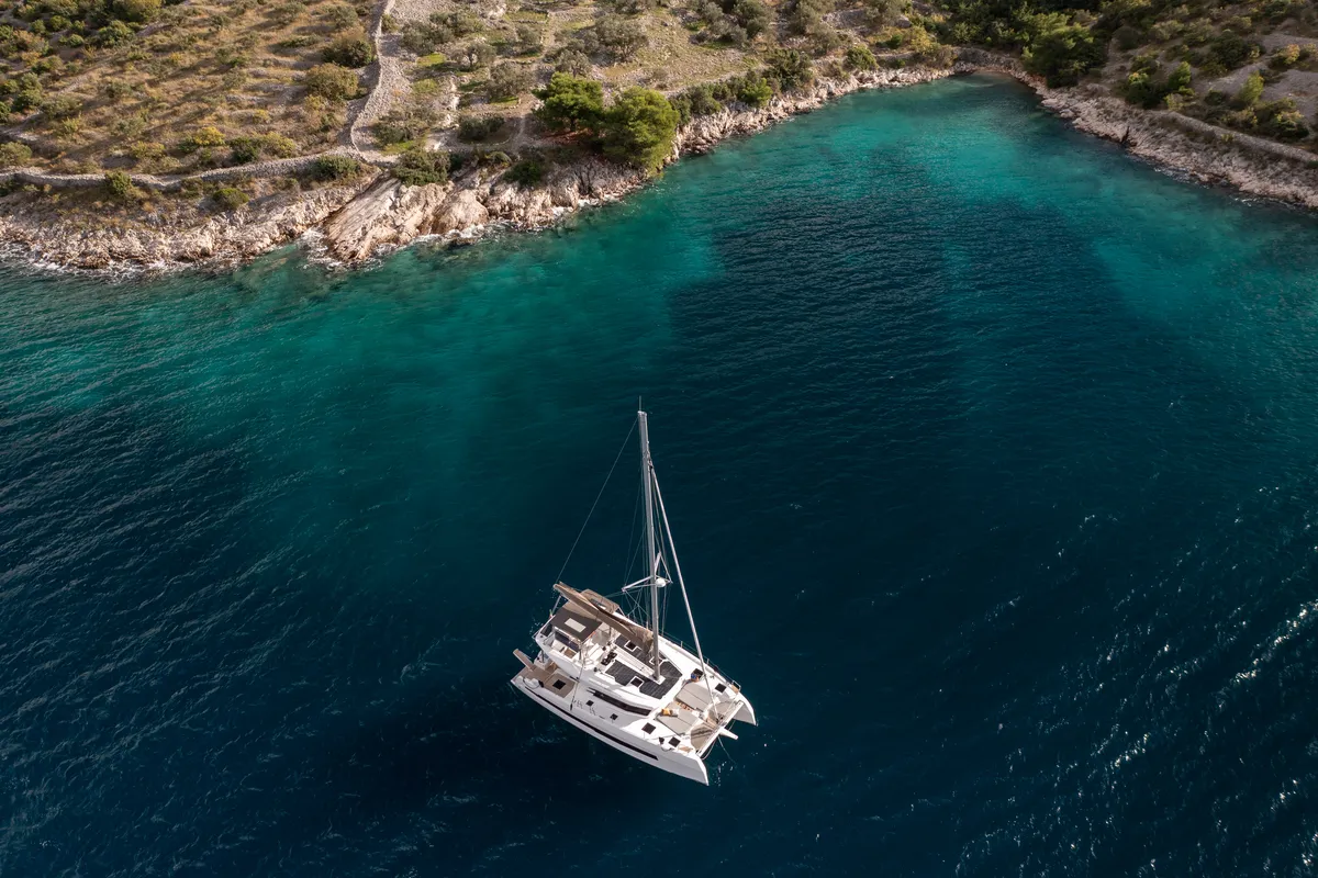 Exterior view of Dudu, a Cervetti 44 catamaran at Rodi Garganico, Italy