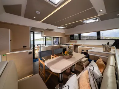 Deck of Dudu, a Cervetti 44 catamaran at Rodi Garganico, Italy