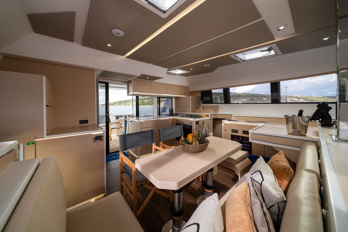 Deck of Dudu, a Cervetti 44 catamaran at Rodi Garganico, Italy