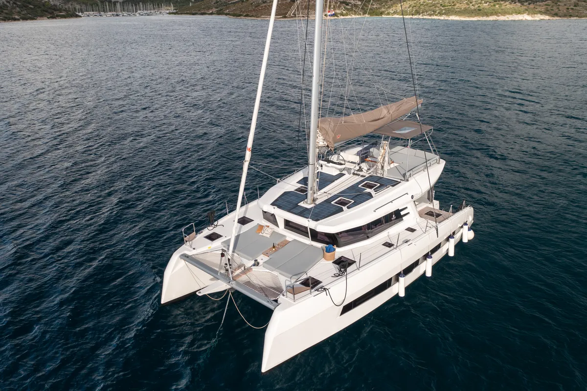 Exterior view of Dudu, a Cervetti 44 catamaran at Rodi Garganico, Italy
