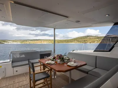 Cockpit of Dudu, a Cervetti 44 catamaran at Rodi Garganico, Italy