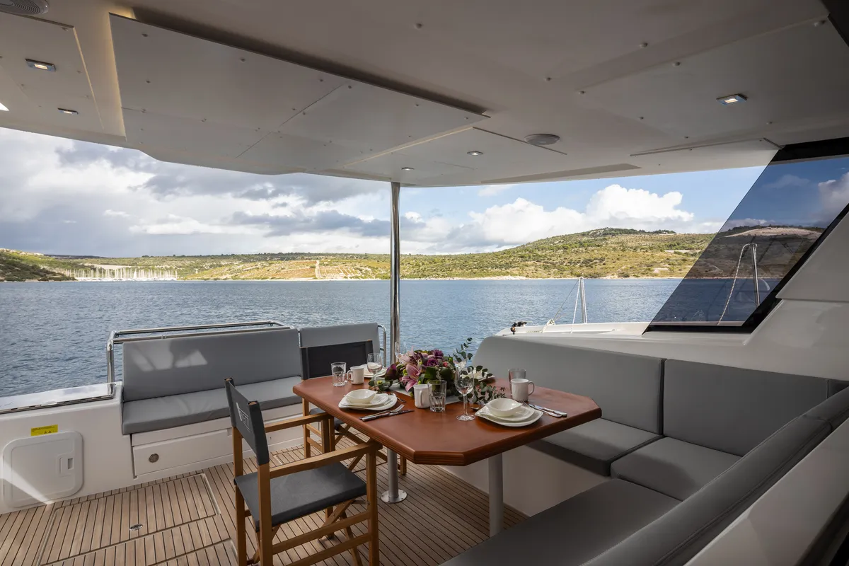 Cockpit of Dudu, a Cervetti 44 catamaran at Rodi Garganico, Italy