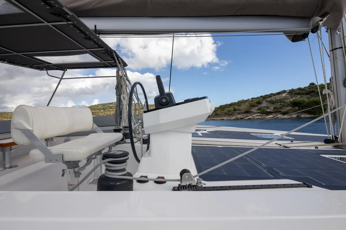 Exterior view of Dudu, a Cervetti 44 catamaran at Rodi Garganico, Italy