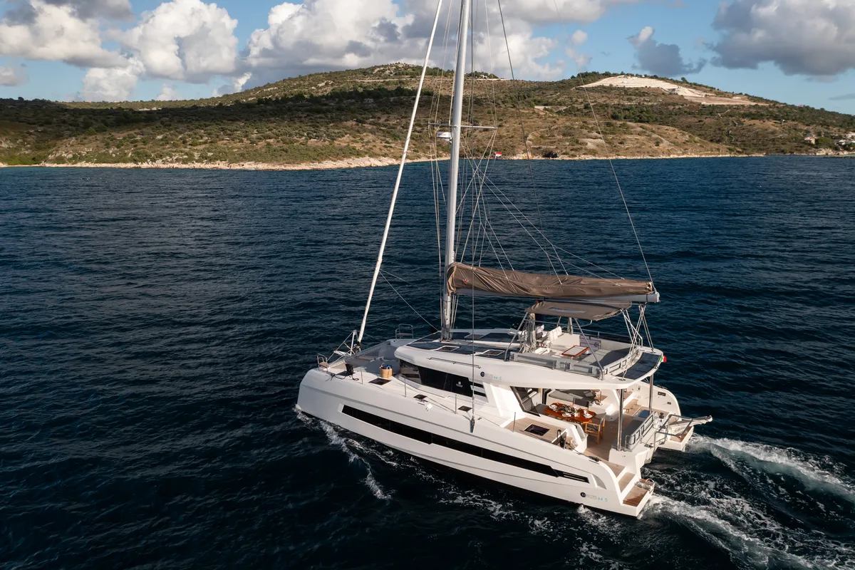 Exterior view of Dudu, a Cervetti 44 catamaran at Rodi Garganico, Italy
