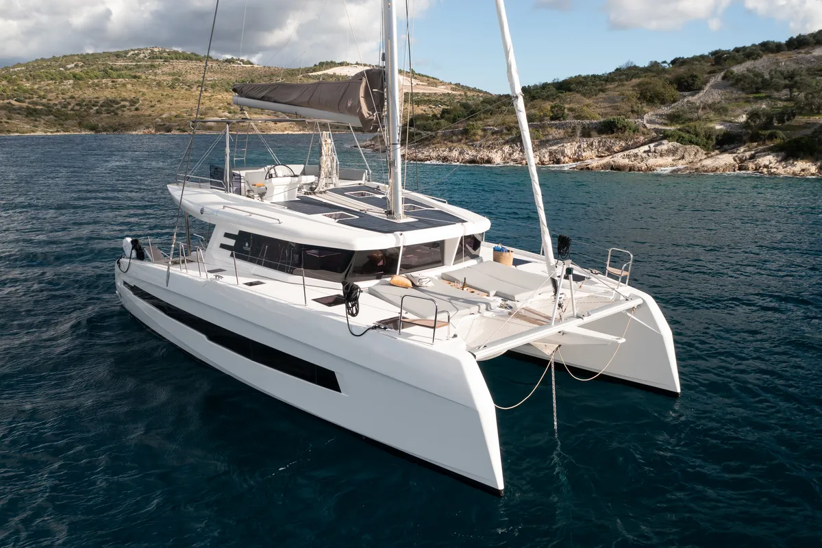 Exterior view of Dudu, a Cervetti 44 catamaran at Rodi Garganico, Italy