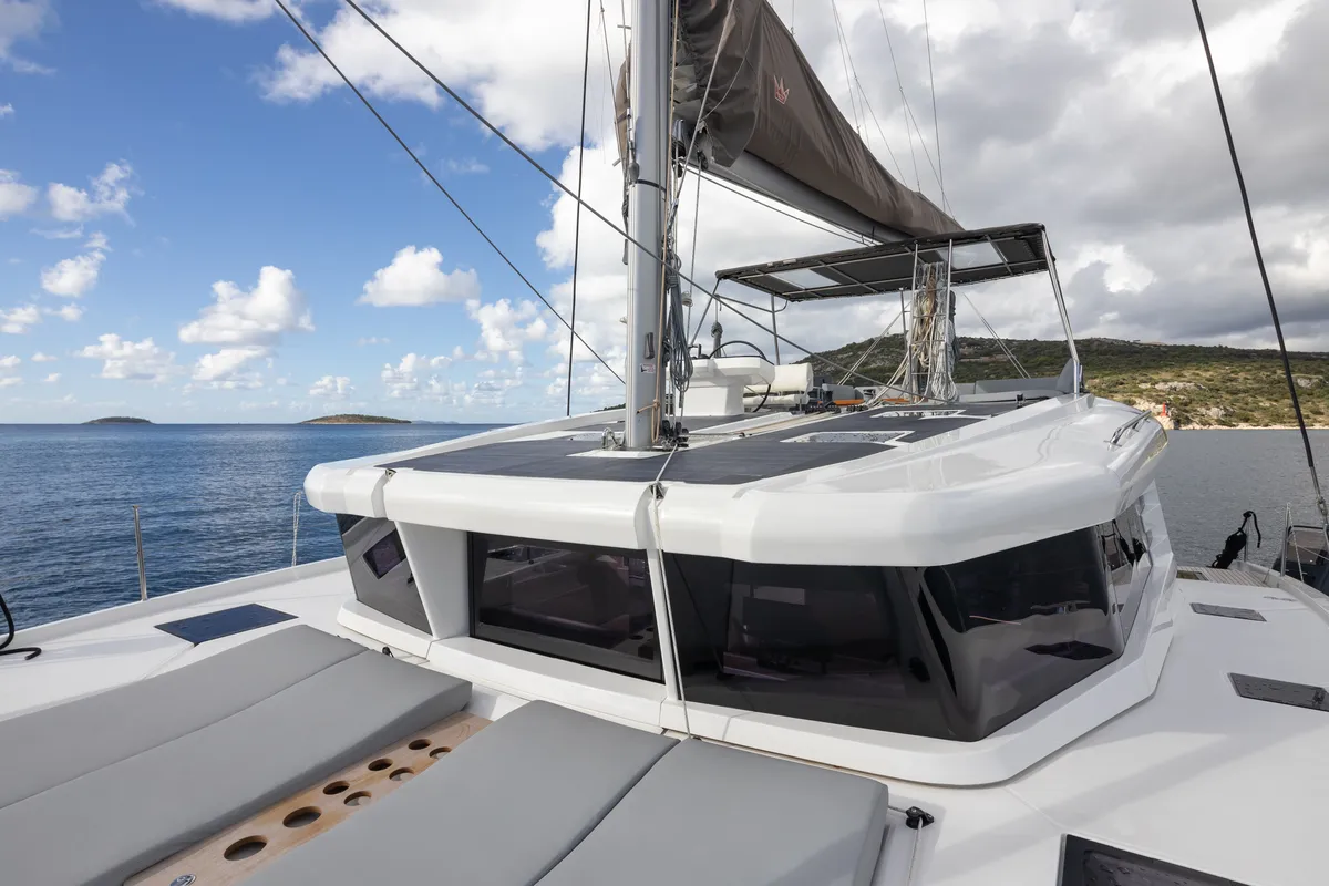 Deck of Dudu, a Cervetti 44 catamaran at Rodi Garganico, Italy