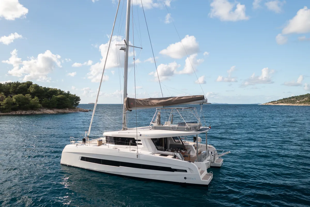 Exterior view of Dudu, a Cervetti 44 catamaran at Rodi Garganico, Italy