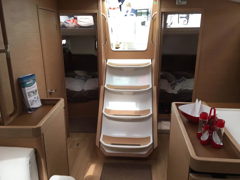 Salon of Celine, a Jeanneau Sun Odyssey 440 sailboat at Kontokali, Greece