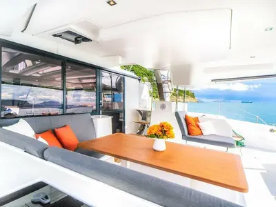 Deck of Fountaine Pajot Tanna 47, a catamaran at Ribishi, Saint Vincent and the Grenadines