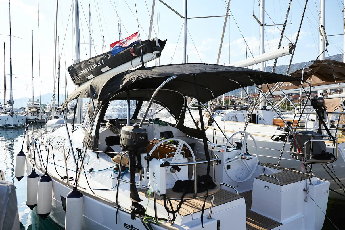 Exterior view of Finola, a Elan Impression 40.1 sailboat at Grad Kaštela, Croatia