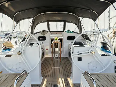 Cockpit of Finola, a Elan Impression 40.1 sailboat at Grad Kaštela, Croatia