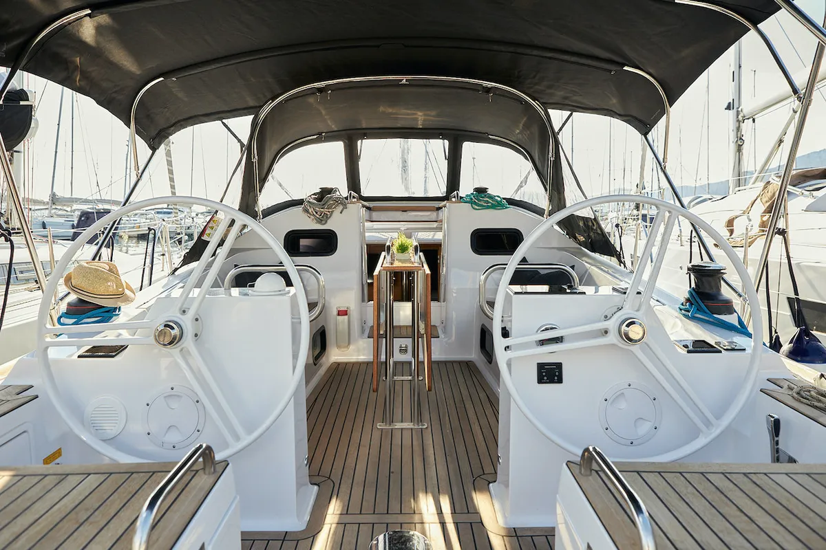 Cockpit of Finola, a Elan Impression 40.1 sailboat at Grad Kaštela, Croatia
