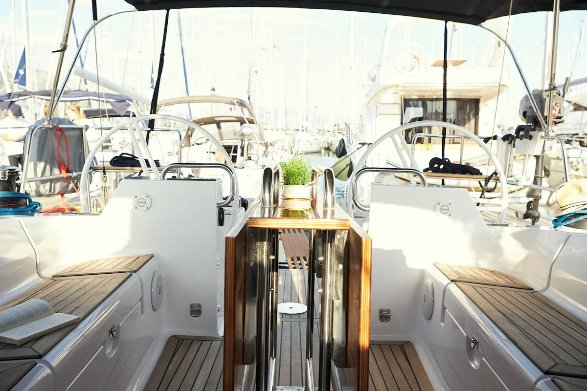 Cockpit of Finola, a Elan Impression 40.1 sailboat at Grad Kaštela, Croatia