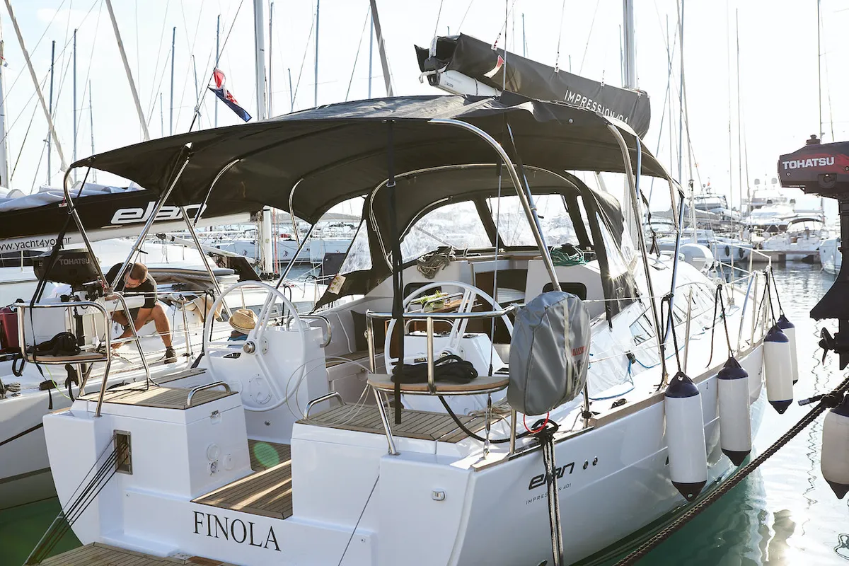 Exterior view of Finola, a Elan Impression 40.1 sailboat at Grad Kaštela, Croatia