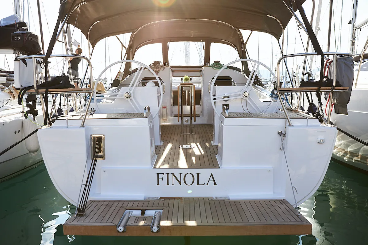 Exterior view of Finola, a Elan Impression 40.1 sailboat at Grad Kaštela, Croatia