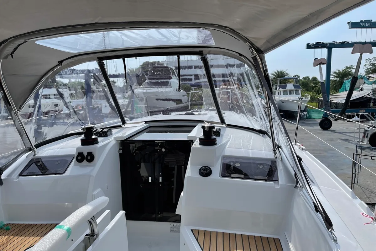 Cockpit of Philosophie, a Beneteau Oceanis 34.1 sailboat at Mai Khao, Thailand