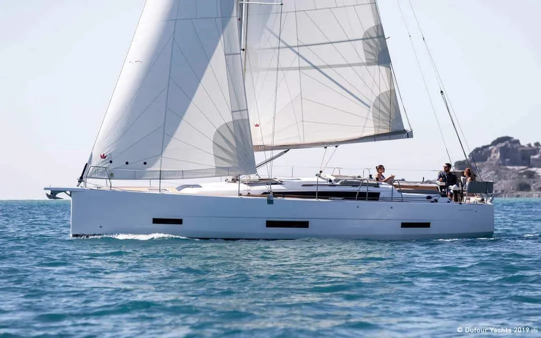 Exterior view of Mitoalla, a Dufour 390 sailboat at es Jonquet, Spain
