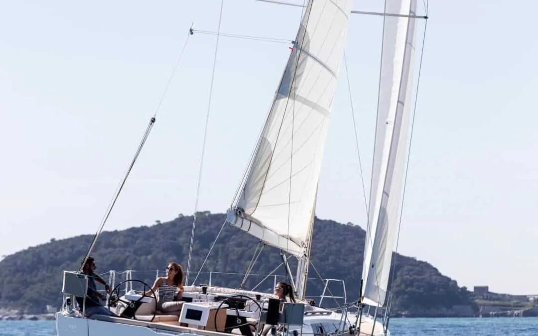 Exterior view of Mitoalla, a Dufour 390 sailboat at es Jonquet, Spain