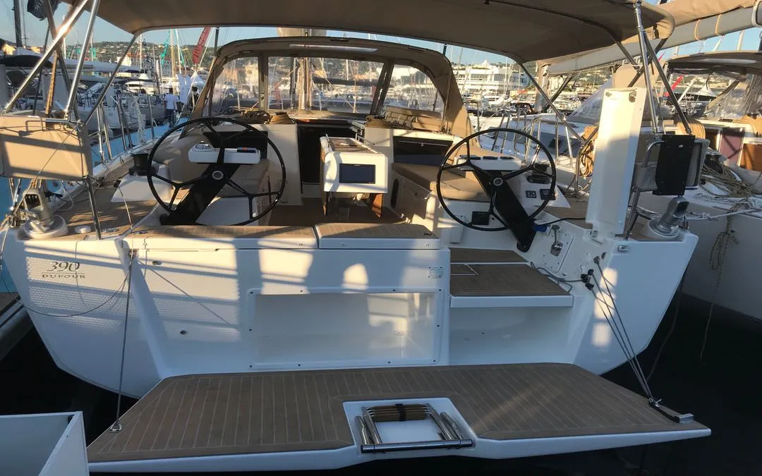 Cockpit of Mitoalla, a Dufour 390 sailboat at es Jonquet, Spain