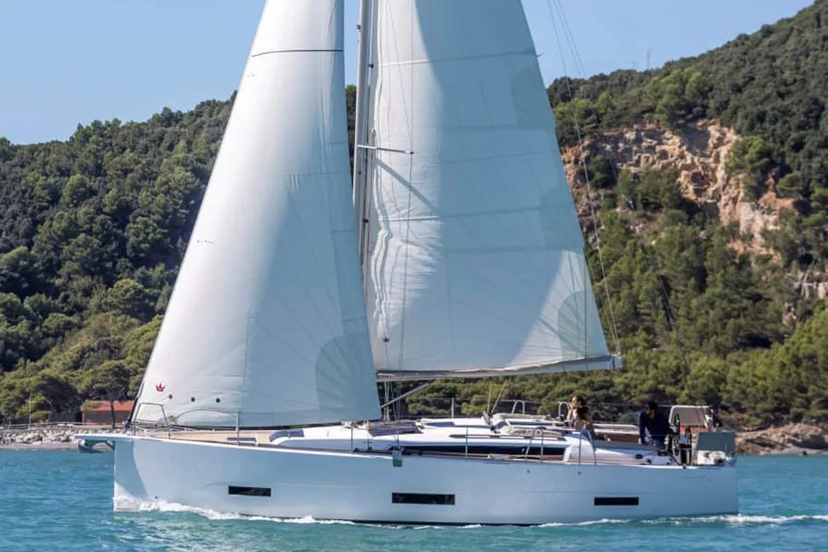 Exterior view of Mitoalla, a Dufour 390 sailboat at es Jonquet, Spain