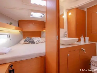 Cabin on Mitoalla, a Dufour 390 sailboat at es Jonquet, Spain