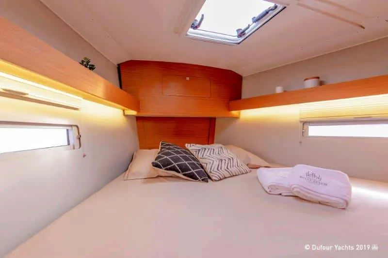 Cabin on Mitoalla, a Dufour 390 sailboat at es Jonquet, Spain