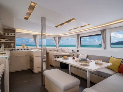 Salon of Seven Seas, a Lagoon 46 catamaran at Thira, Greece