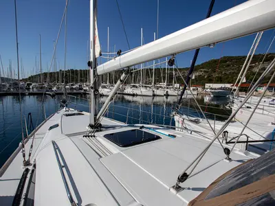 Deck of Tightrope, a Elan Impression 45 sailboat at Grad Pula, Croatia