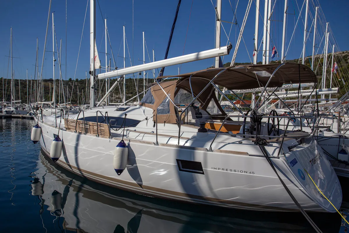 Exterior view of Tightrope, a Elan Impression 45 sailboat at Grad Pula, Croatia