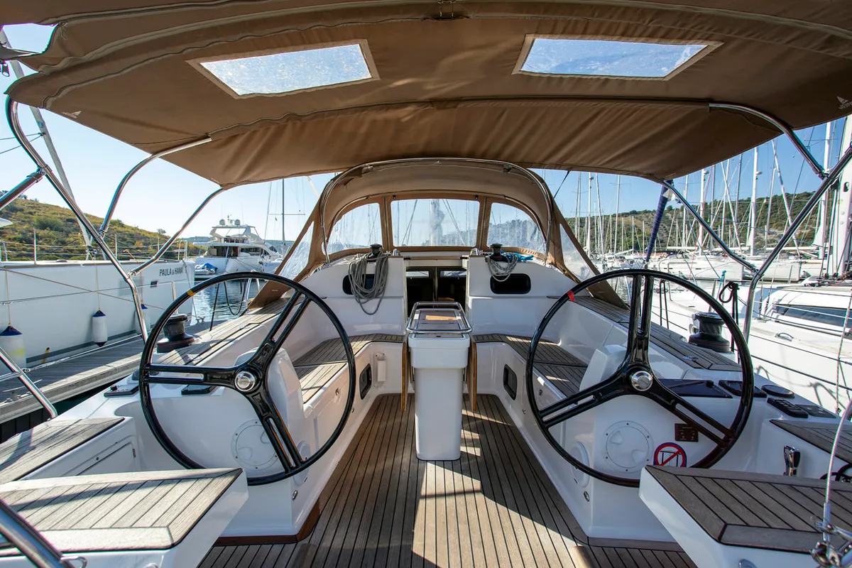 Cockpit of Tightrope, a Elan Impression 45 sailboat at Grad Pula, Croatia
