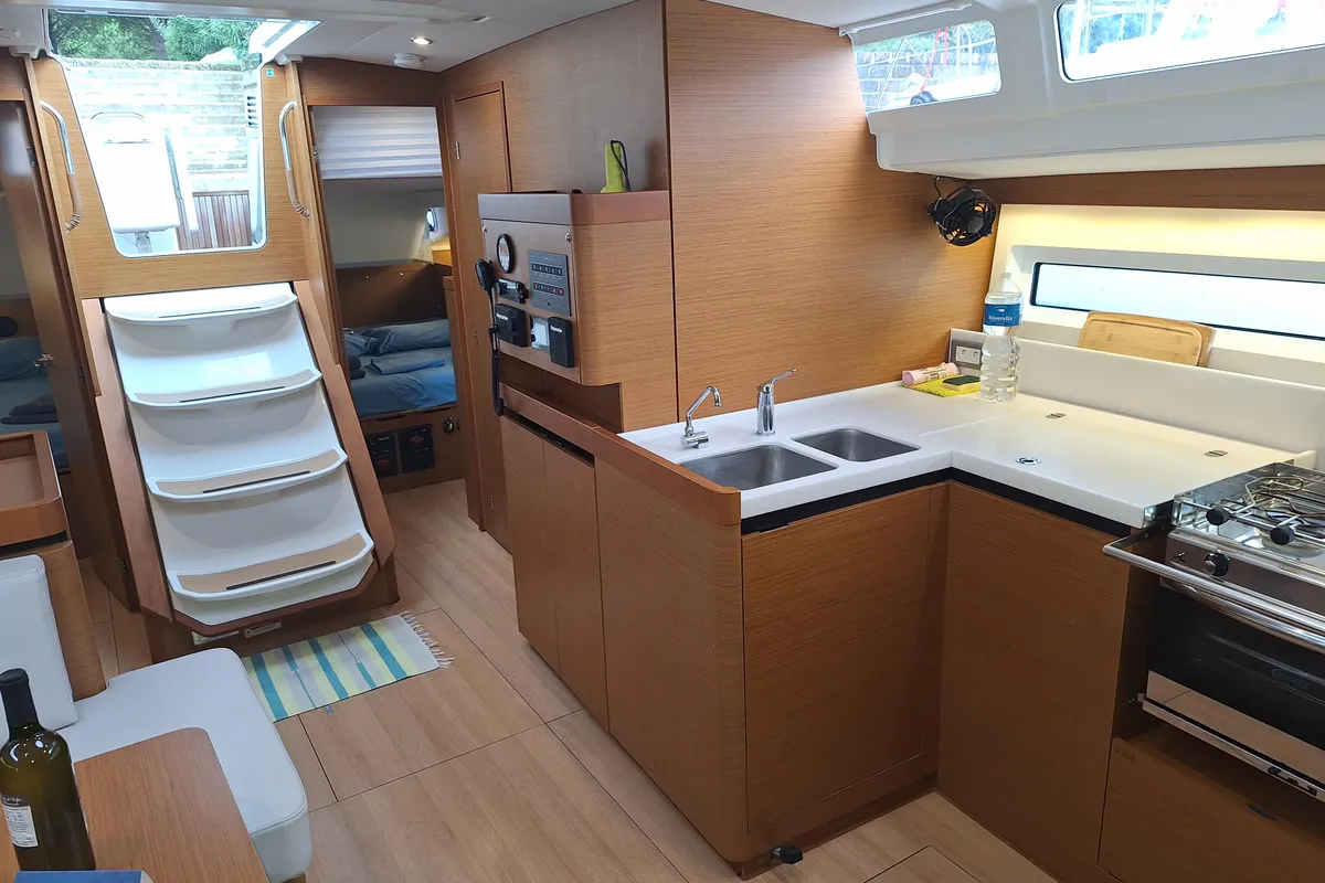 Galley of Francoise, a Jeanneau Sun Odyssey 490 sailboat at Tonnarella, Italy