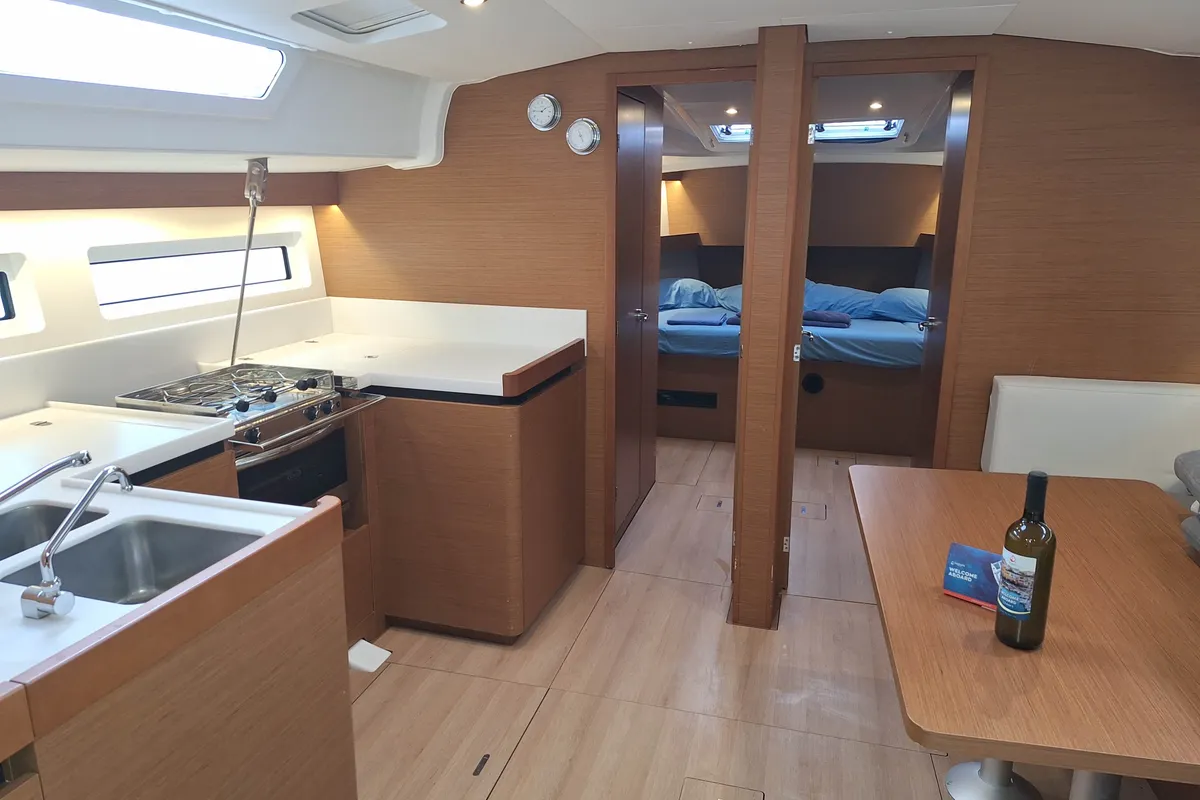 Galley of Francoise, a Jeanneau Sun Odyssey 490 sailboat at Tonnarella, Italy