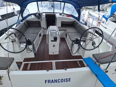 Cockpit of Francoise, a Jeanneau Sun Odyssey 490 sailboat at Tonnarella, Italy
