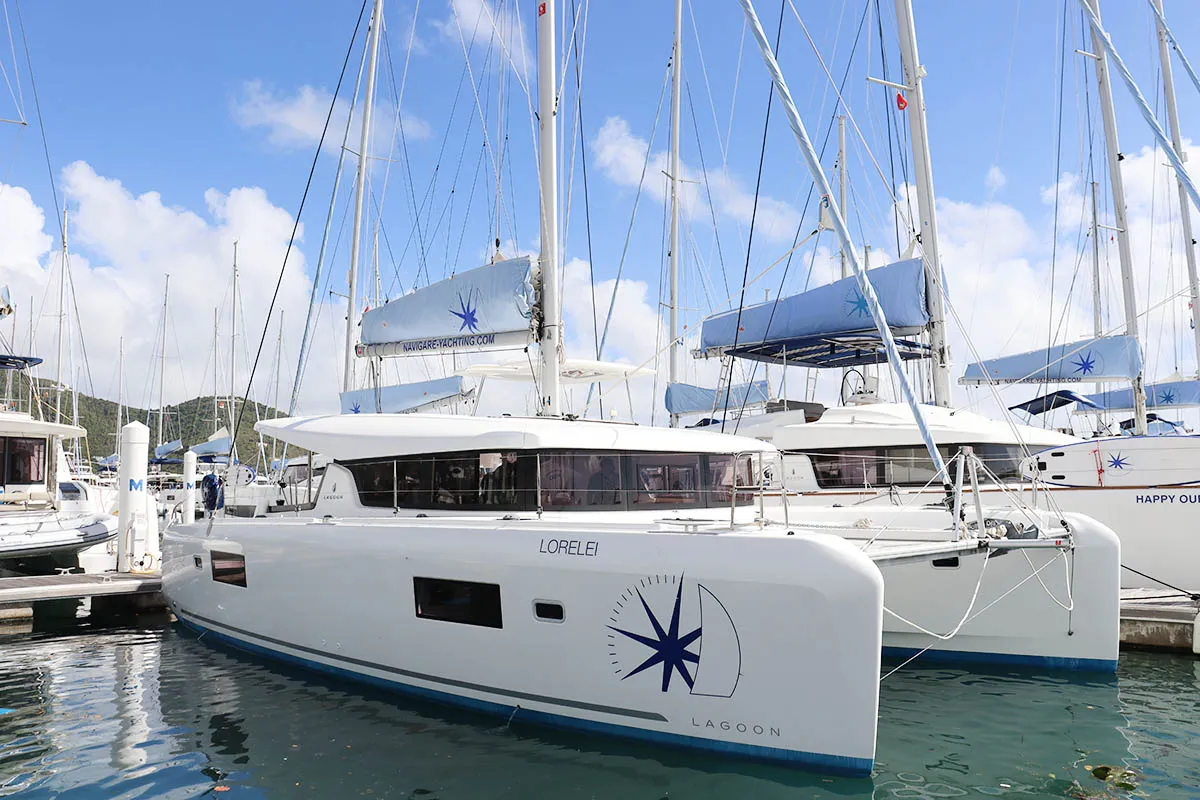 Exterior view of Lorelei, a Lagoon 42 catamaran at Road Town, British Virgin Islands