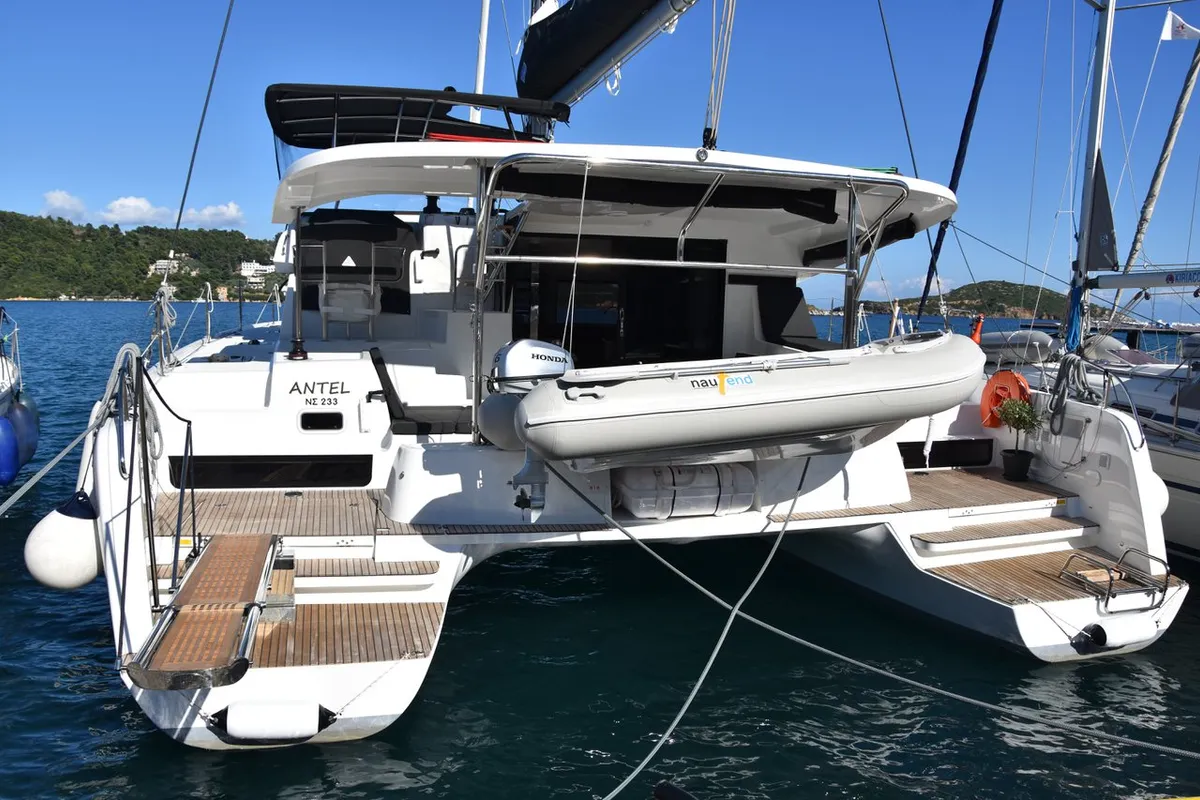 Exterior view of Antel, a Lagoon 42 catamaran at Athens, Greece
