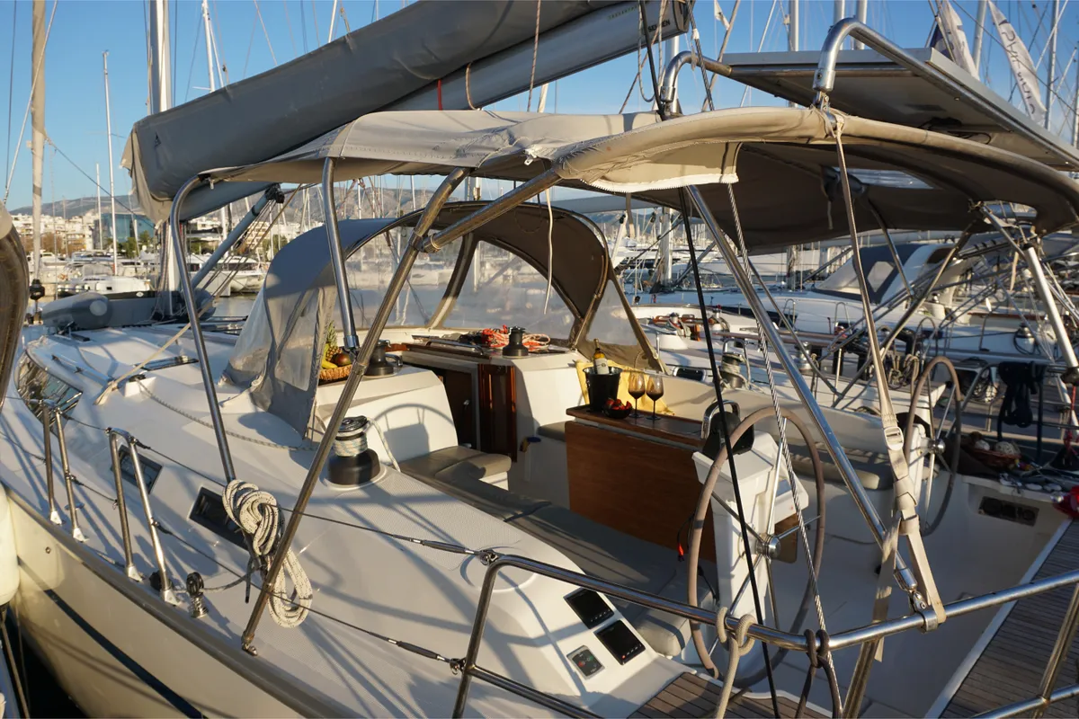 Deck of Lina, a Bavaria Cruiser 51 sailboat at Athens, Greece