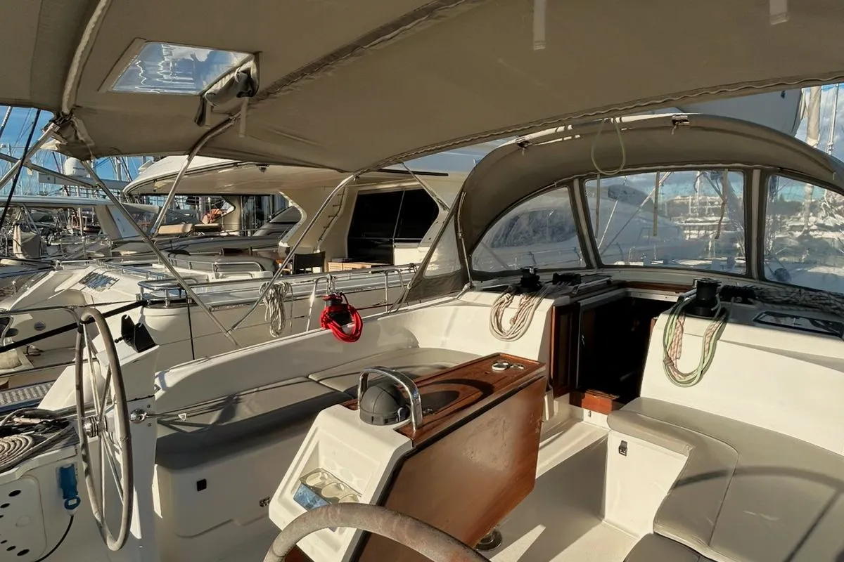 Cockpit of Lina, a Bavaria Cruiser 51 sailboat at Athens, Greece