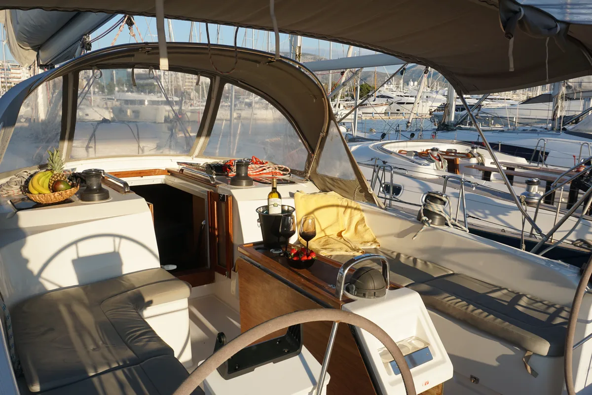 Cockpit of Lina, a Bavaria Cruiser 51 sailboat at Athens, Greece