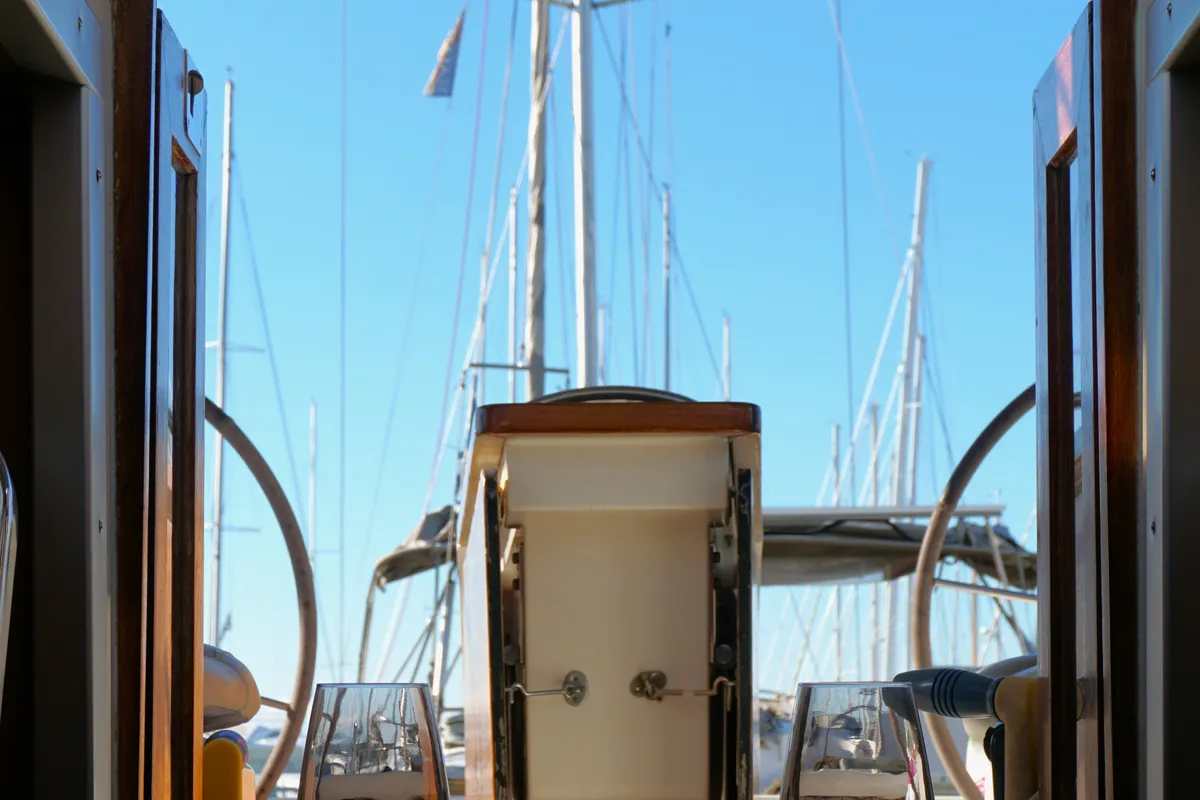 Deck of Lina, a Bavaria Cruiser 51 sailboat at Athens, Greece
