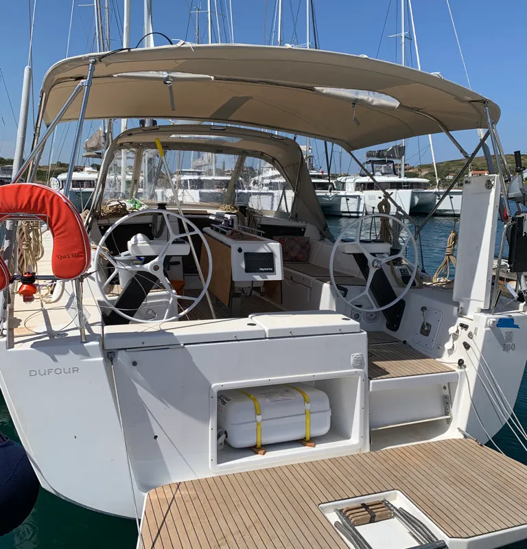 Cockpit of R2D2, a Dufour 390 GL sailboat at Municipal Unit of Rhodes, Greece