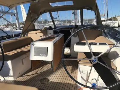 Cockpit of R2D2, a Dufour 390 GL sailboat at Municipal Unit of Rhodes, Greece