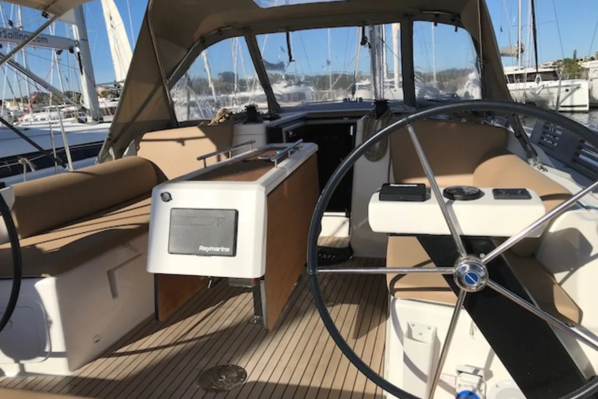 Cockpit of R2D2, a Dufour 390 GL sailboat at Municipal Unit of Rhodes, Greece