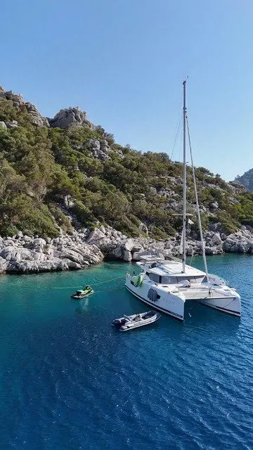 Exterior view of Sirius 1, a Fountaine Pajot Astréa 42 catamaran at Marmaris, Turkey