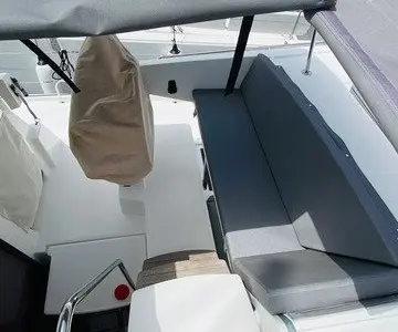 Cockpit of Sirius 1, a Fountaine Pajot Astréa 42 catamaran at Marmaris, Turkey