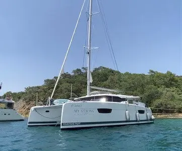 Exterior view of Sirius 1, a Fountaine Pajot Astréa 42 catamaran at Marmaris, Turkey
