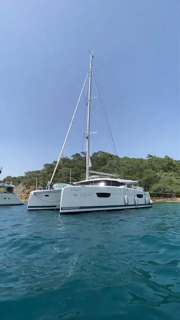 Exterior view of Sirius 1, a Fountaine Pajot Astréa 42 catamaran at Marmaris, Turkey