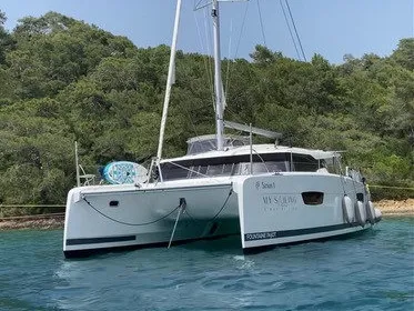 Exterior view of Sirius 1, a Fountaine Pajot Astréa 42 catamaran at Marmaris, Turkey