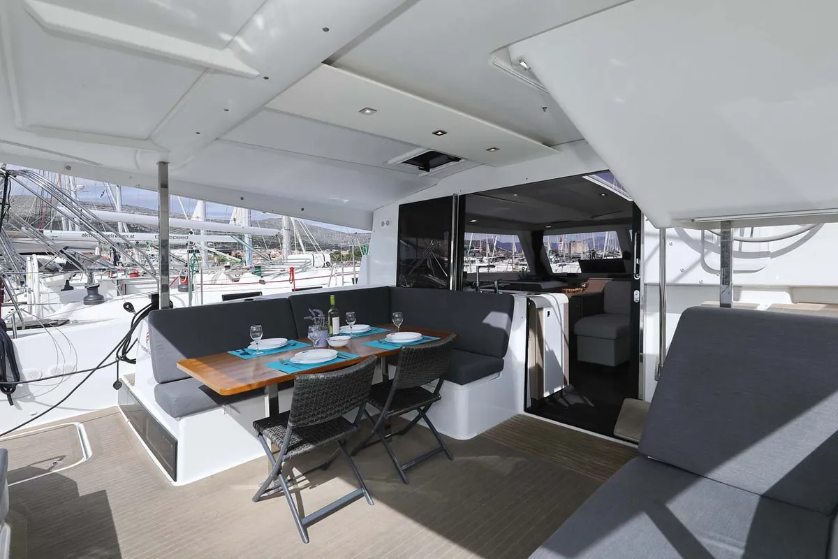 Deck of Chilli, a Fountaine Pajot Isla 40 catamaran at Grad Trogir, Croatia